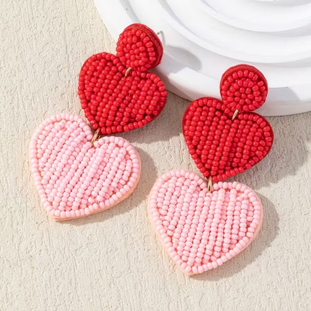 Large Red & Pink Heart-Shaped Beaded Statement Dangle Earrings (NEW & SO CUTE!)